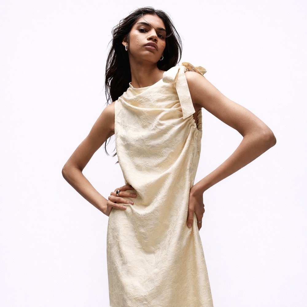 Topshop Satin Jacquard One Shoulder Mini Dress Butter Yellow Ruched Size 4 NWT